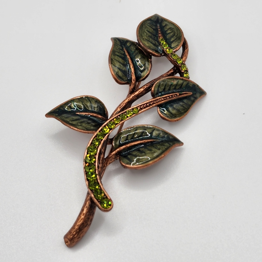 Leaf Stem Brooch Pin Rhinestones Green